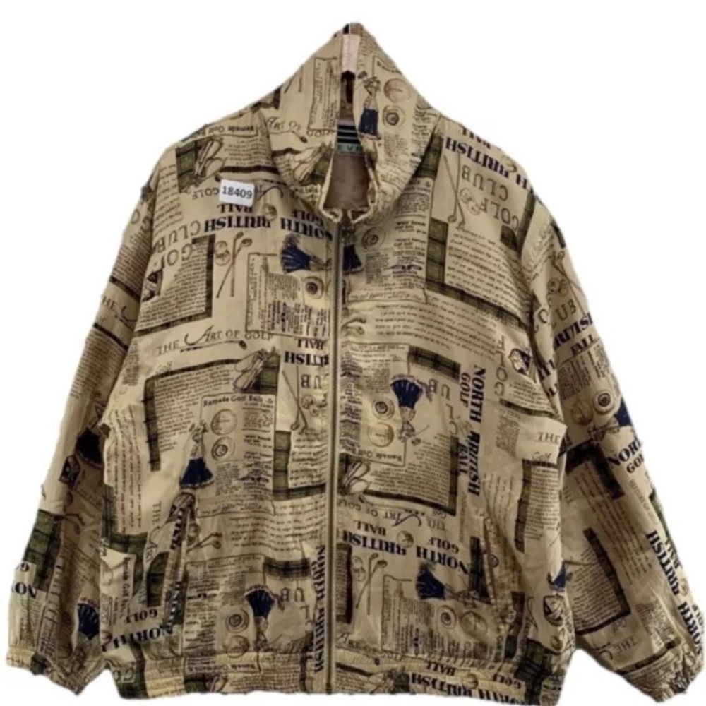 Vintage EVR 100% Silk jacket Full Zip Golf AOP Graphic Adult Large Brown 24X28